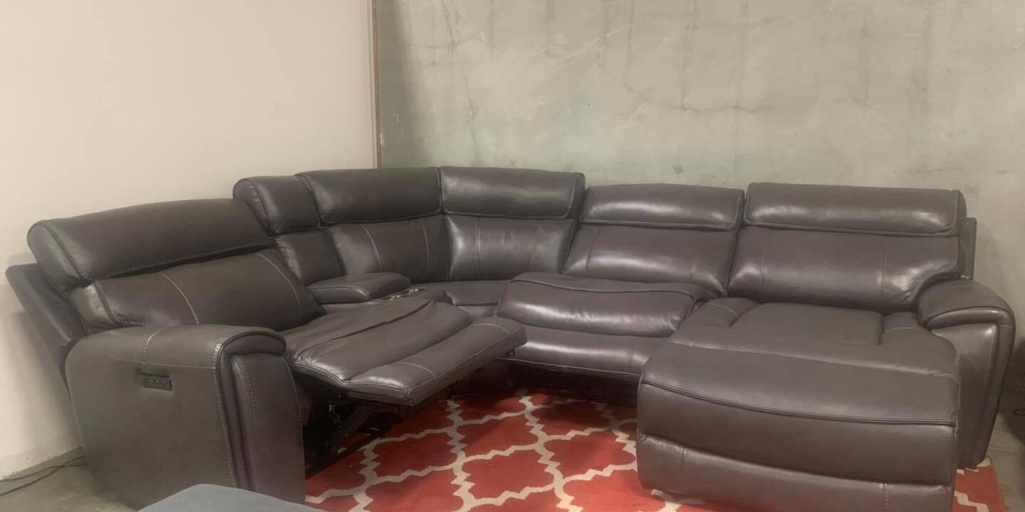Hutchenson 5 Piece leather sectional couch with 2 power recliners, power headres