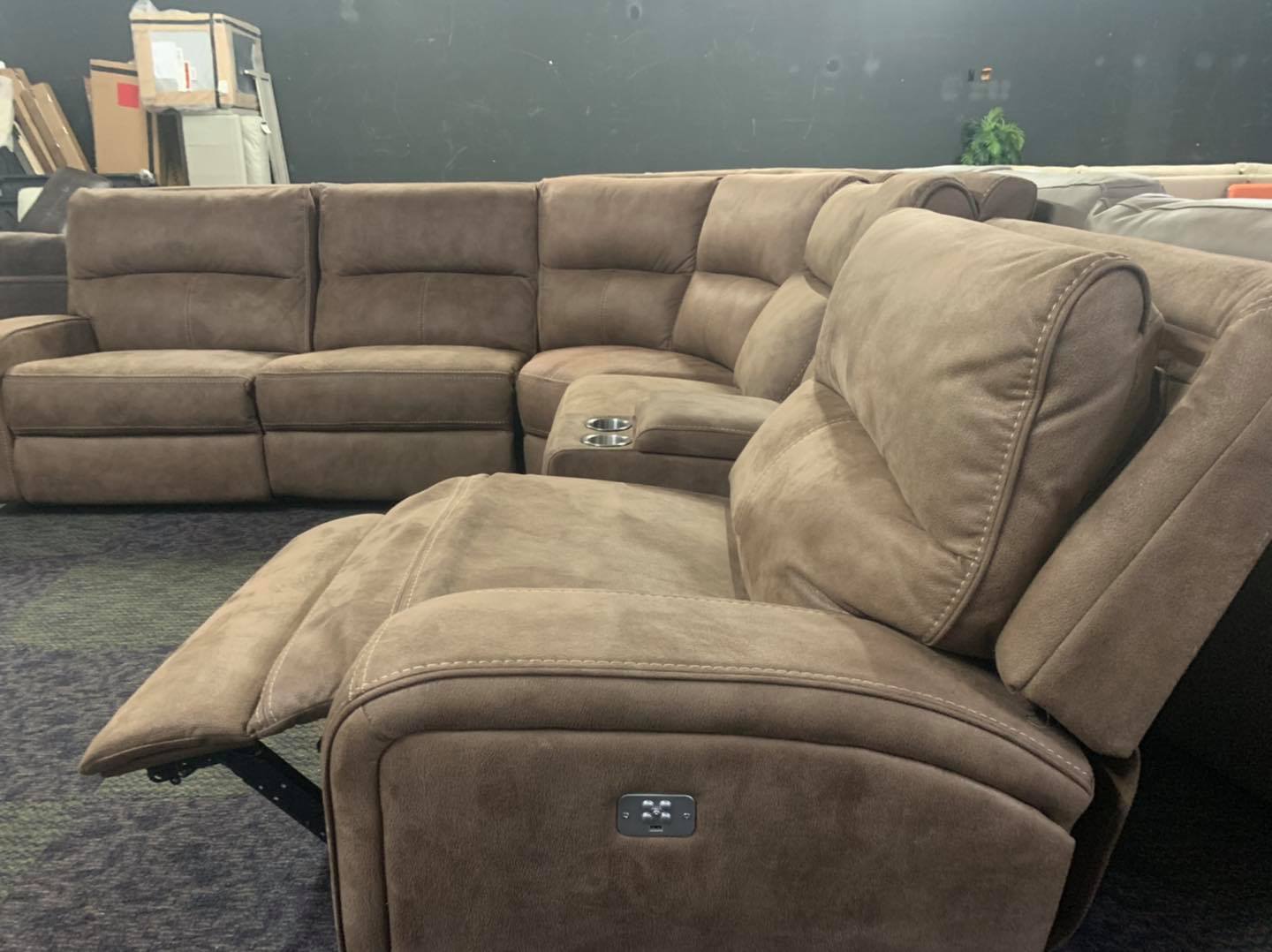 Vacaro Mocha 6 Piece fabric sectional couch with 3 power recliners
